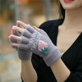 Winter thermal purple knitted gloves with plush strawberry decor in half-finger design - One Size / Grey (Strawberry Half-finger)