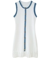 Détails d'une robe en maille avec boutons dorés et finitions en denim effiloché - S / Jupe Blanche