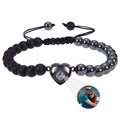 Detail of tiger eye bead bracelet with heart projection charm and adjustable braided cord - Black Magnetic Stone and Frosted Stone Bracelet