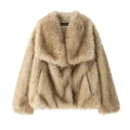 Detailed view of brown faux fur jacket showing the plush texture and large lapel collar - XS / Brown