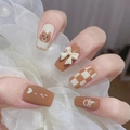 Cute bear and checkered pattern press-on nails with 3D bow in brown and beige tones - Boxed with Tool Kit / Caramel Bear W73