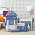 Fünfteiliges blau-weißes Rucksack-Set für Schüler mit Tragetasche und Federmäppchen - Blau und Weiß