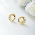 Elegant gold round stud earrings with irregular hammered texture and white zircon stones - 14K Gold Plated