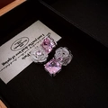 Detailed shot of pink square gemstone earrings with camellia flower diamond-set design - 5# Silver Earring Post - Silver - Flower