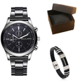 Detail van kwartshorloge met chronograaf wijzerplaat, bijpassende armband en bruine geschenkdoos - Zwarte Wijzerplaat + Zwarte Gesp Armband + Zwarte Doos