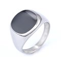 Polished silver stainless steel signet ring with a smooth black resin hexagonal inlay - Rounded Rectangle Black Silver Style (04307)