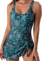 Detail of green paisley one-piece swimsuit with asymmetrical drawstring skirt and ruffles - XS / Top And Bottom / Green Paisley