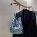 Detailed close-up of floral print cotton tote bag with sturdy double shoulder straps - Green Monet Garden
