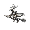 Antique silver witch riding broom pendant for Halloween DIY jewelry making projects - Witch on Broomstick (7688)