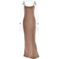 Detail of a slim fit brown maxi dress with spaghetti straps on a transparent model - S / Khaki