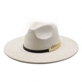 Detail of off-white wide brim jazz hat with black ribbon and gold leaf metal accessory - M (56-59cm) / Suede / Off White