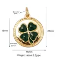 16mm round gold-plated copper pendant with green enamel four-leaf clover design - Gold Round Dark Green Clover
