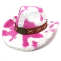 Pink and white cow print plush western cowboy hat with a metal bull head buckle strap - Heart Crown Rose Red