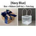 Square rattan gift box with navy blue ribbon and transparent tote bag set - Navy Blue With Tote Bag