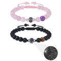 Pink quartz and black agate couple bracelets with 100 languages I love you projection - 8MM Rose Quartz + Matte Stone Bracelet