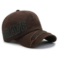 Distressed dark brown cotton baseball cap featuring green BRAVE embroidery and worn brim - Adjustable / Coffee