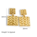 Detail showing 34mm gold woven texture square drop earrings with size and weight info - 1069-Gold Square Plaid