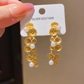 Elegant gold flower drop earrings with white pearls and 925 sterling silver posts - Gold (50# Silver Pin)