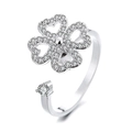 Silver rotating four-leaf clover ring with sparkling zircon insets and open adjustable design - Four-Leaf Clover Spinner