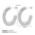 Polished silver C-shaped chunky earrings in stainless steel with 37.6mm height dimensions - Silver (EH283)