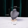 Dark gray velvet necklace display bust with wooden base and dimensions shown - Wood Dark Grey Velvet Small