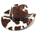 Detail of cow print cowboy hat with studded leather band and metal buckle ornament - M (56-58cm) / Straight Crown Coffee