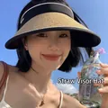 Women's straw open top sun hat with PV layer in black and beige two-tone design - Letter Strip Straw Visor / Khaki
