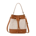 Straw bucket bag in beige woven texture with dark brown leather straps and drawstring - Brown
