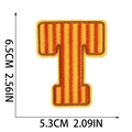 Detailed view of letter T embroidered patch in orange and yellow stripes with measurements - Letter T