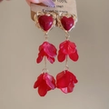 Detail of red heart resin earrings with golden frame and layered translucent petals - 49# Silver Needle - Red