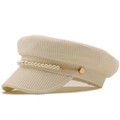 Elegante cremefarbene Cord-Schiffermütze mit Perlenkette und goldenen Knöpfen für Damen - M (56-58cm) / Beige (04)