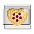Italian charm link in silver stainless steel with gold heart and purple crystals - Gold Diamond Surface Style (0750) / Gold