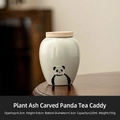 Mini ash ceramic tea canister with panda relief carving and wooden lid in 220ml size - Straw Ash Relief Panda - Kankan 2