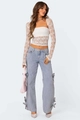 Full view of light blue straight leg jeans with side pockets and bow tie straps - S / Light Blue