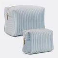 Set of two light blue quilted velvet cosmetic bags with gold zippers for travel organization - Blue Velvet Small