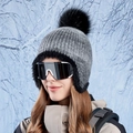 Winter gradient knit beanie with black pom-pom and fleece earflaps for outdoor skiing - Black (XBG-8699)