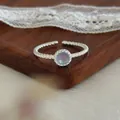 S925 sterling silver open ring with twisted rope texture and iridescent moonstone inlay - JZ0035-Rainbow Round