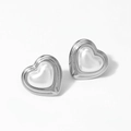 Polished silver heart stud earrings with white pearl inlay set in 316 stainless steel - Silver Heart Earrings D2902