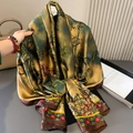 Elegante pañuelo de seda estilo chino con estampado de bambú y motivos florales mujer - 180x90cm / Bambú Verde Retro