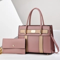Large capacity tote bag and matching pouch set in pink and beige faux leather - Pink