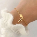 Elegant gold bracelet with heart initial A and sparkling cross charms on wrist - Gold Heart Letter B Rhinestone Cross