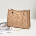 Khaki quilted shoulder bag with gold deer charm and chain strap for women - Khaki