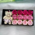 Pink gradient soap rose gift box with a teddy bear holding an I Love You sign - 12 Pink Gradient Roses + Bear