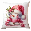 Rosa Weihnachts-Schneemann-Kissenbezug mit Merry and Bright Spruch auf weißem Kissen - Emaille Schneemann mit Stern / 45*45cm Pfirsichhaut Ohne Kern