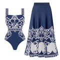 Set costume da bagno due pezzi stampa etnica con top a fascia e gonna lunga blu navy e bianca - S / Set Costume da Bagno + Gonna Lunga