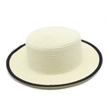 Close-up detail of fine straw weave on white boater hat with black ribbon edge - M (56-58cm) / Creamy White