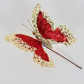 Close-up of red hollow fabric butterfly with gold glitter for Christmas decor - THF09 Double Layer Hollow / Red Gold