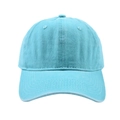 Close-up of the washed cotton fabric texture and stitching on the light blue baseball cap - Aqua