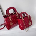 Glossy red patent leather lady bag with diamond quilting and gold heart charm - Small / Red