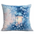 Detail of blue Christmas pillow case featuring winter lantern, candle and berry illustration - Frosted Lantern and Candle (CDR350-12)